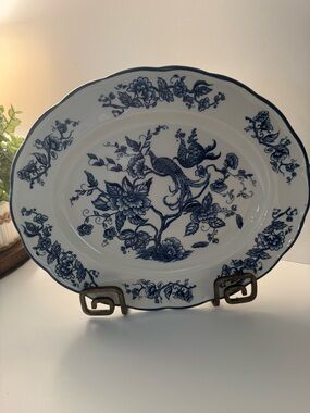 Vintage Grindley Blue Transferware Serving Platter 11.5” Floral Bird